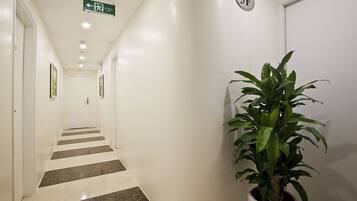 A hallway with a striped floor, a potted plant, and a door with a sign.