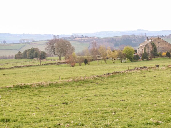 A rural landscape with a stone building, open fields, and scattered trees. - The Mistle Carr Farm (Sowerby Bridge)