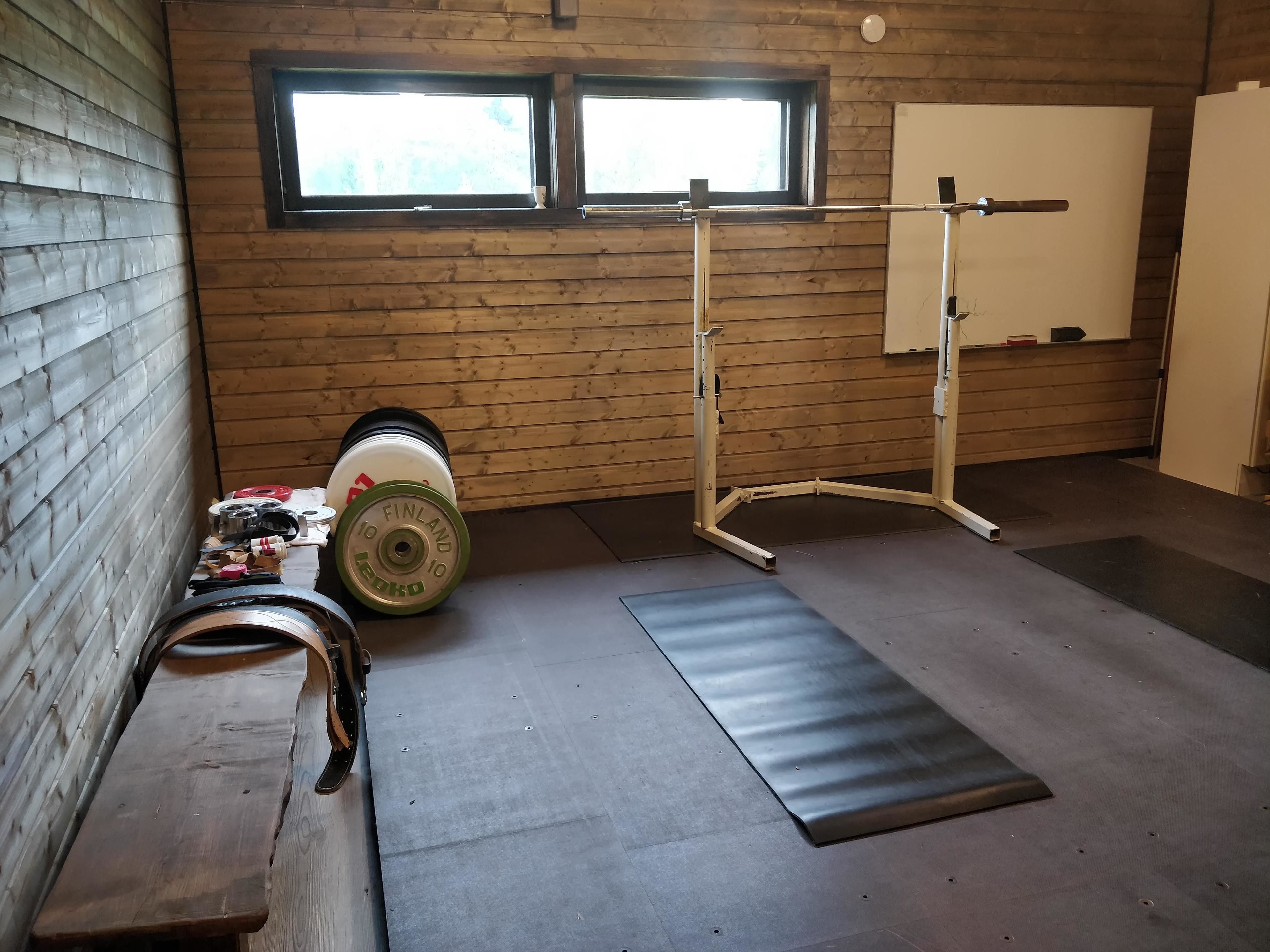 A gym with wooden walls, a window, a weight bench, a squat rack, and weight plates.