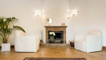 A room with a fireplace, two white armchairs, a large potted plant, and a patterned rug.