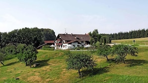 Ein großes Haus mit Satteldach, umgeben von einer grünen Wiese und Bäumen.