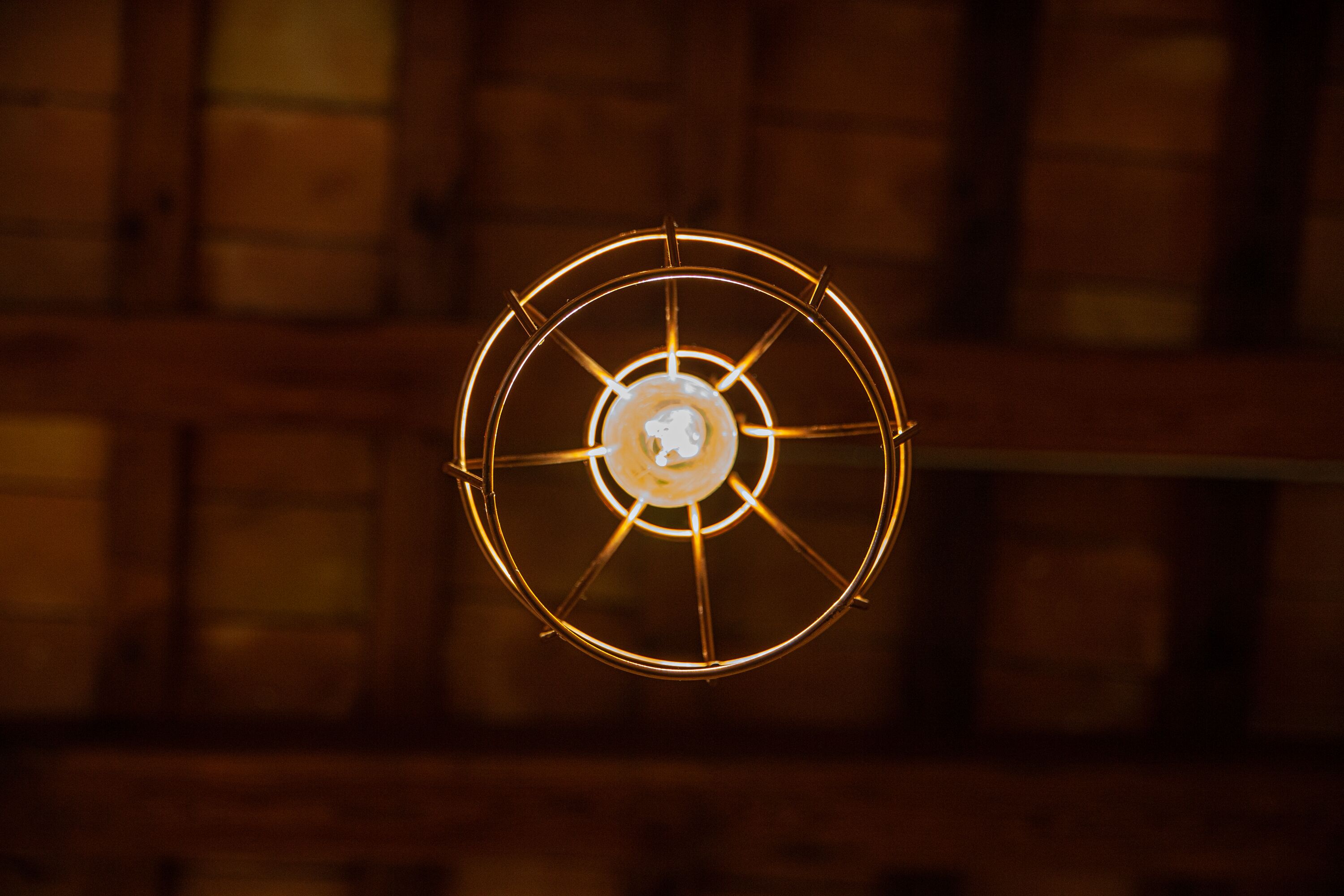 Una lampada circolare con una lampadina centrale, circondata da una struttura in filo metallico, su sfondo di un muro di mattoni sfocato.