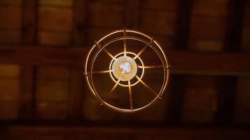 Una lampada circolare con una lampadina centrale, circondata da una struttura in filo metallico, su sfondo di un muro di mattoni sfocato.