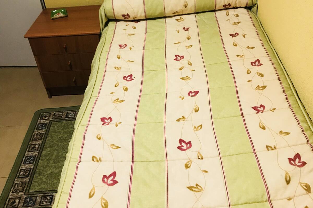 A small, single-bed room with a green and white striped bedspread, a wooden nightstand, and a green area rug.