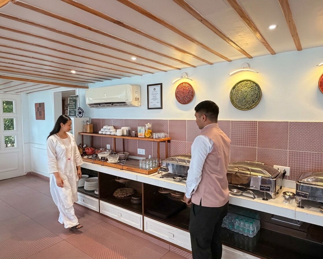 A hotel kitchen with a buffet setup, including a counter with food items and a person serving.