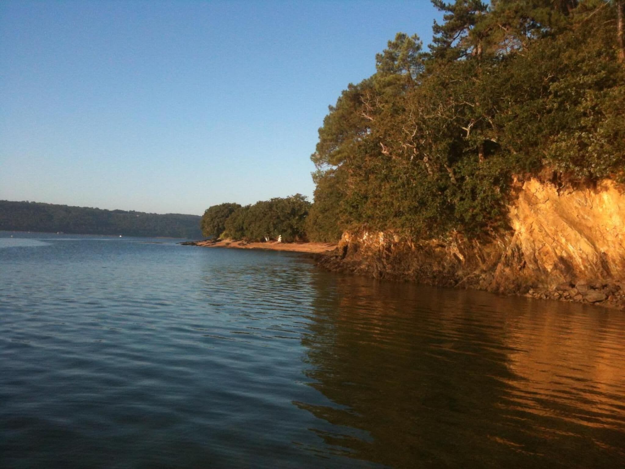 Un lago tranquilo con orilla rocosa y árboles frondosos.