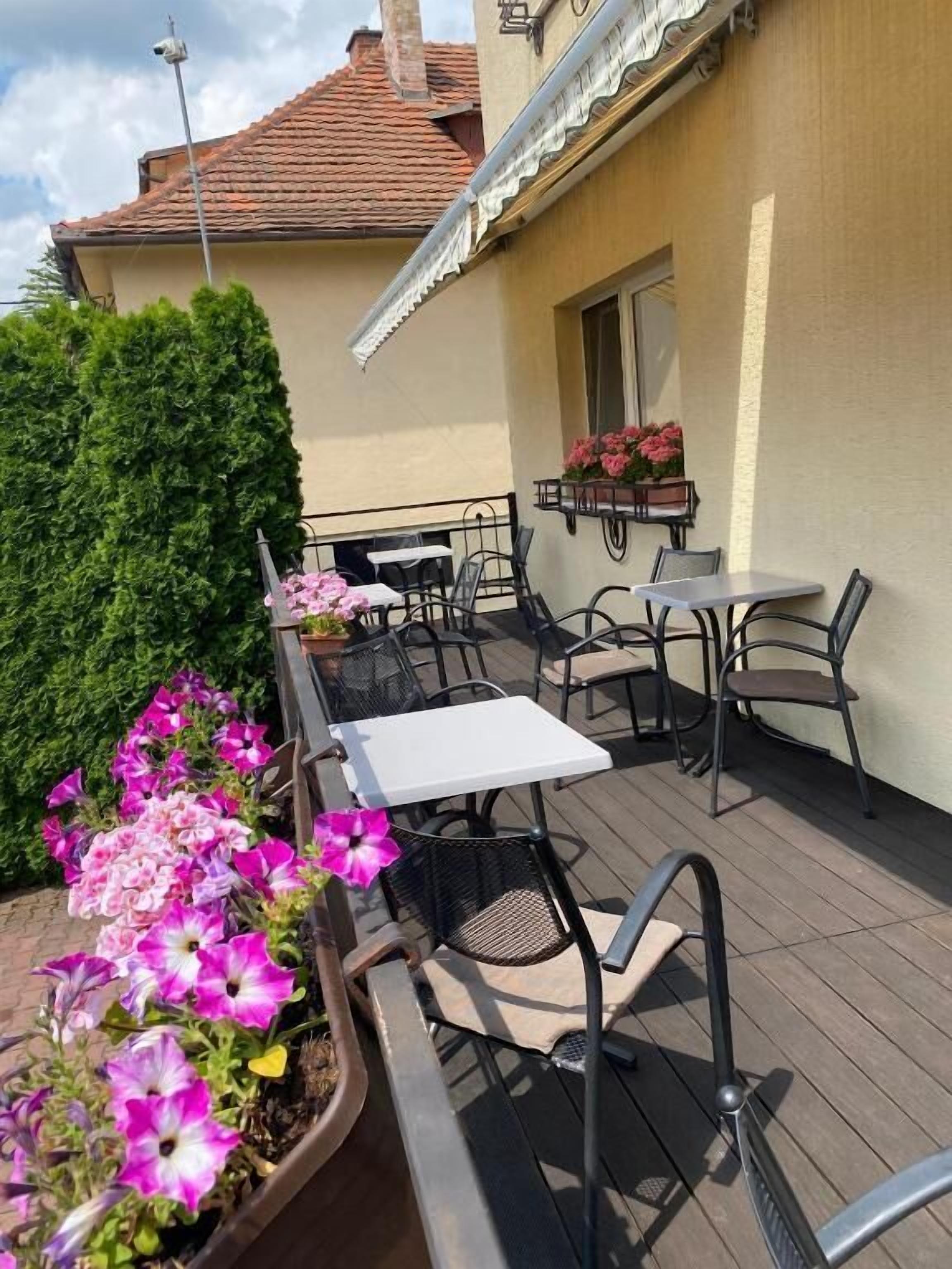 An outdoor patio with tables and chairs, a potted plant with flowers, and a building with a tiled roof.