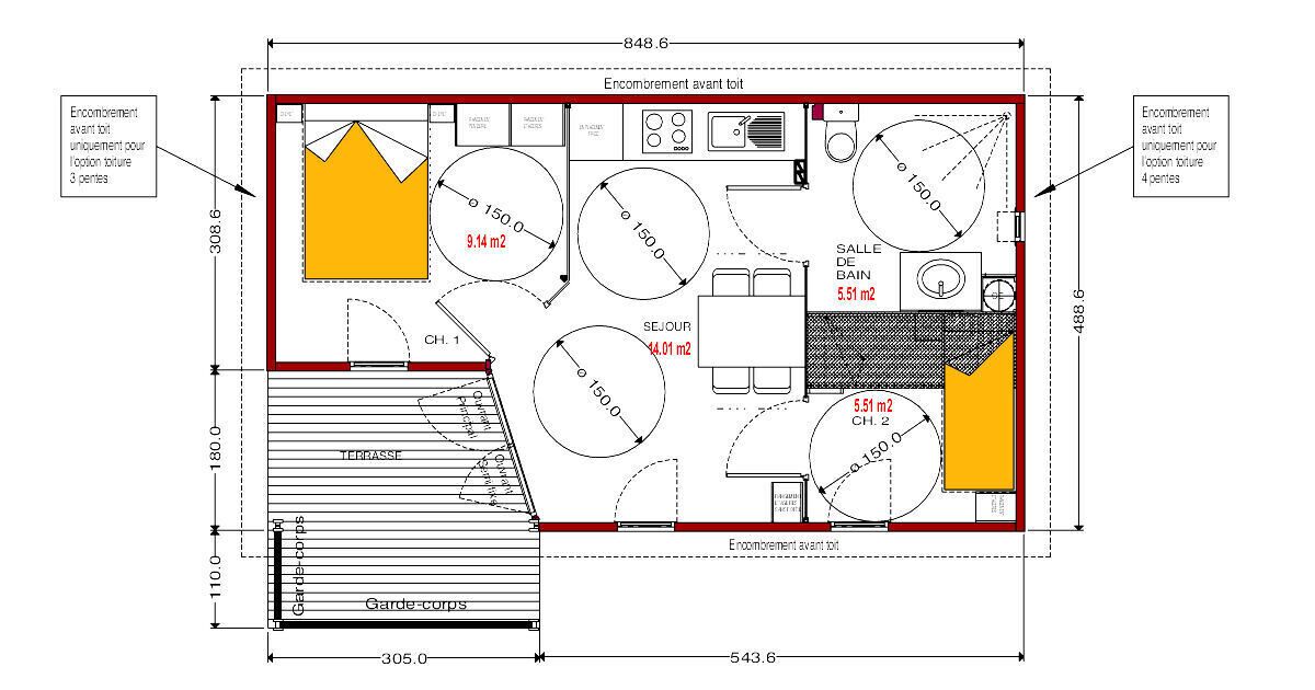 Plano de planta de una habitación de hotel con ducha, inodoro y una pequeña zona de estar.