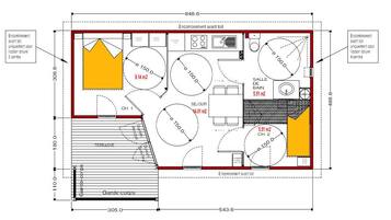 Plano de planta de una habitación de hotel con ducha, inodoro y una pequeña zona de estar.