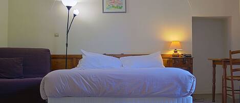 Desk, blackout curtains, soundproofing, iron/ironing board