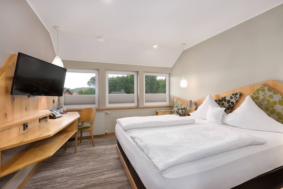 A modern hotel room with a large bed, a desk with a flat-screen TV, and a view of trees through the windows.
