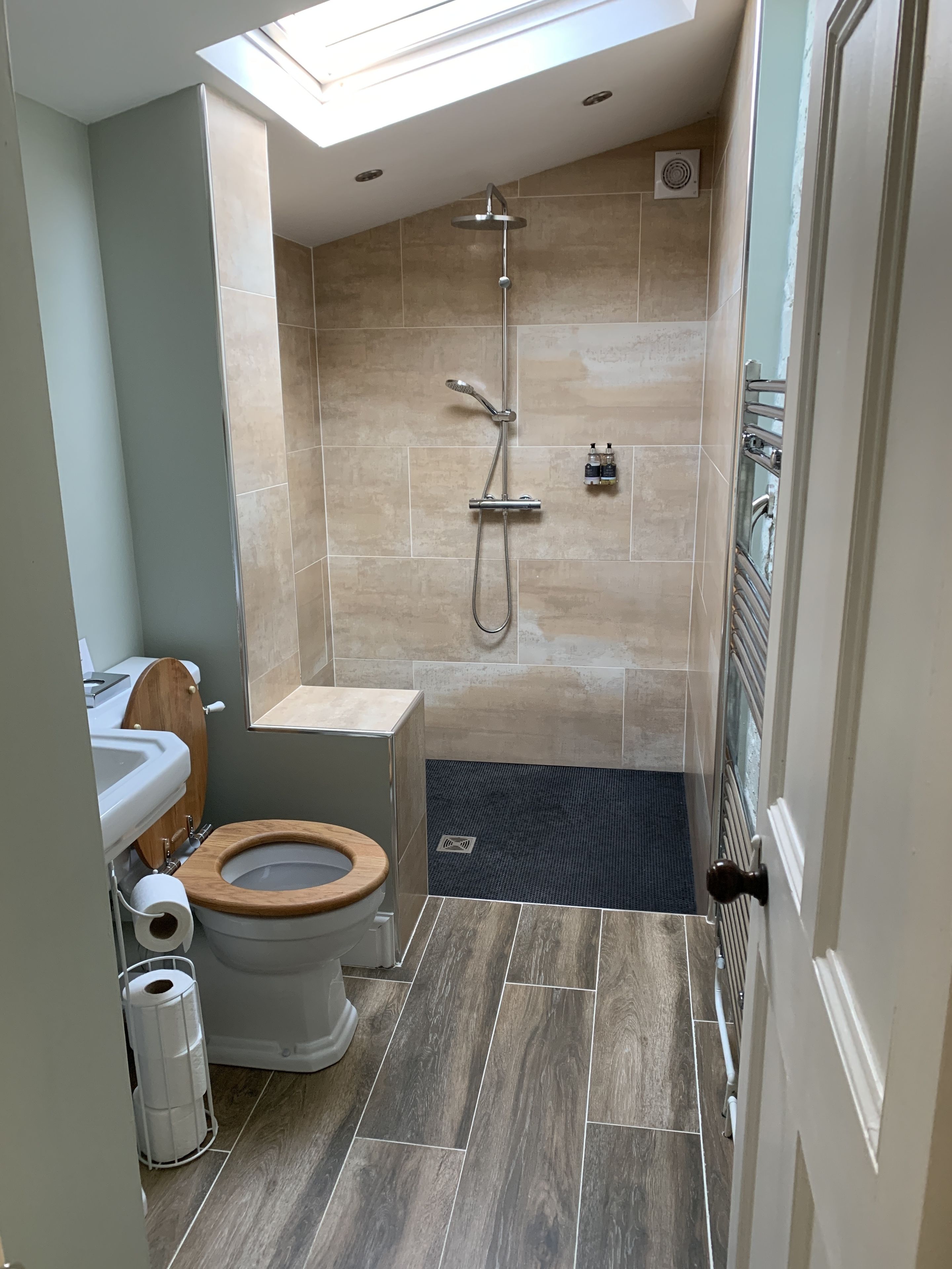 A compact bathroom with a skylight, a shower, and a toilet.