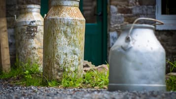Three metal containers with handles, placed on grass in front of a stone wall with a green door.