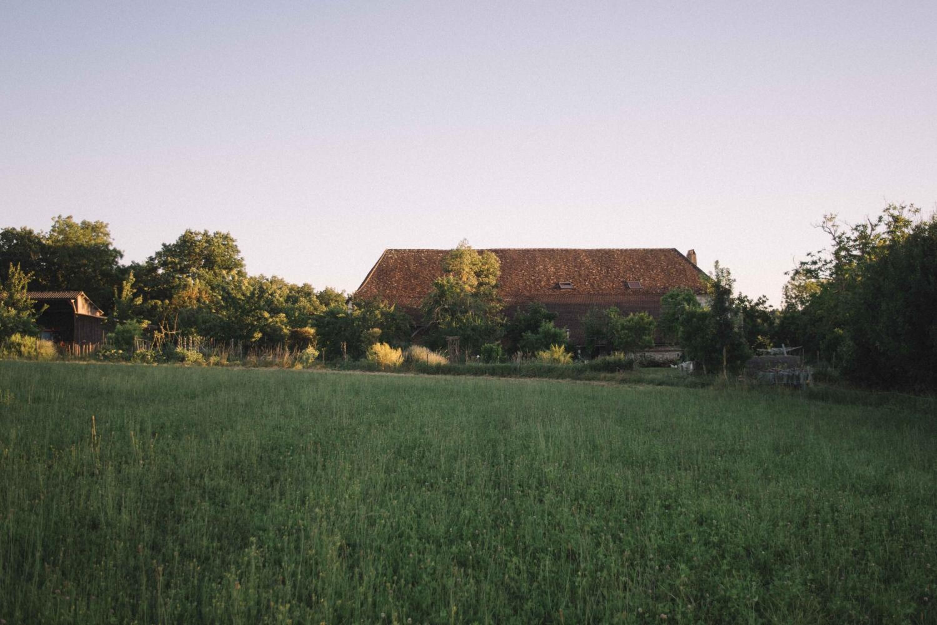 Eine ländliche Landschaft mit einem großen Feld im Vordergrund und einem Bauernhof im Hintergrund.