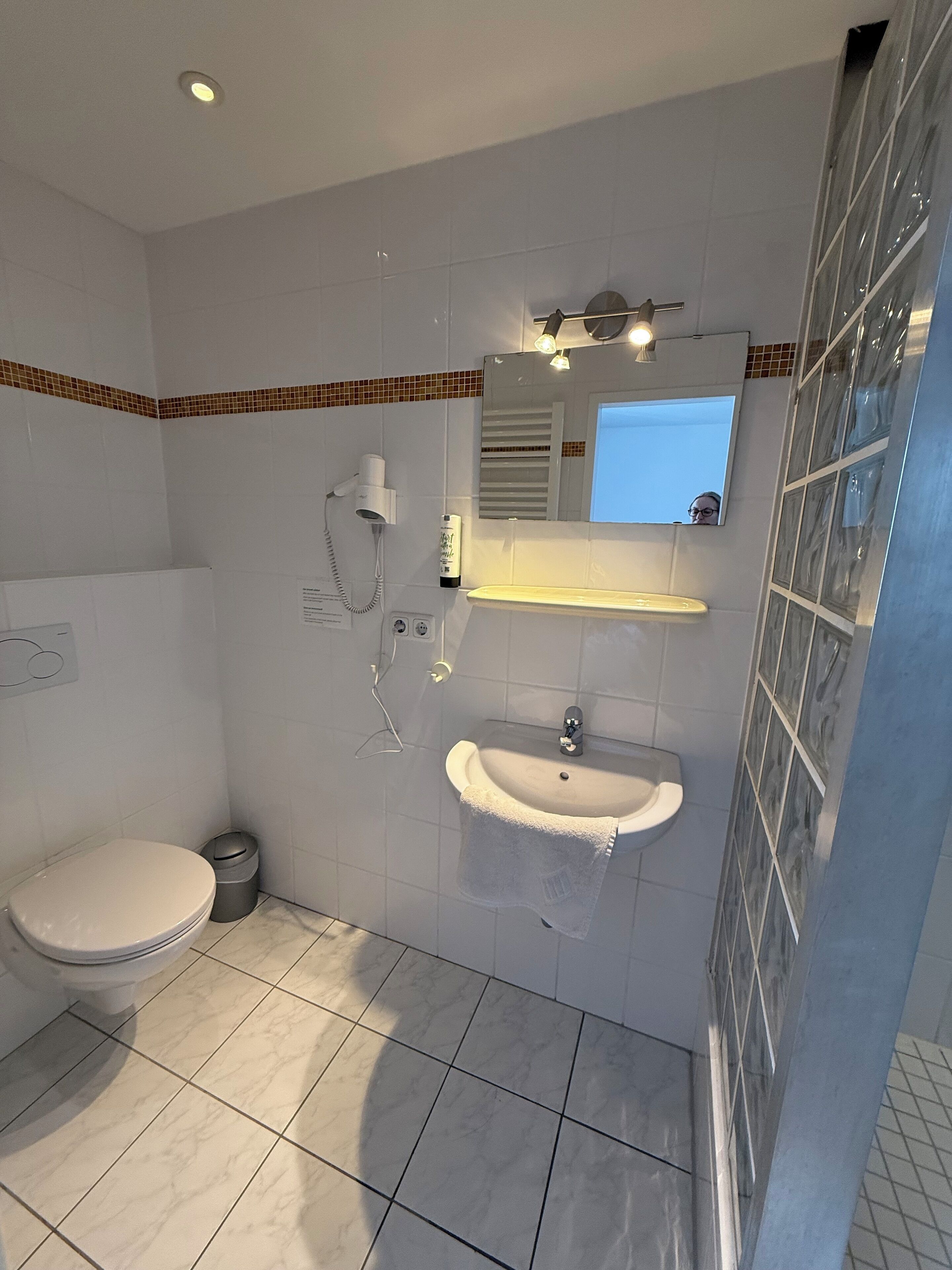 A bathroom with a toilet, a sink, a mirror, and a shower area.