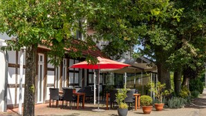 An outdoor seating area with tables and chairs, surrounded by potted plants and trees. - AKZENT Hotel Haus Surendorff (Bramsche)
