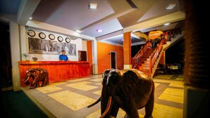 A reception area with a wooden counter, a receptionist, and a large elephant statue. - Elephas Resort & Spa (Avudangawa)
