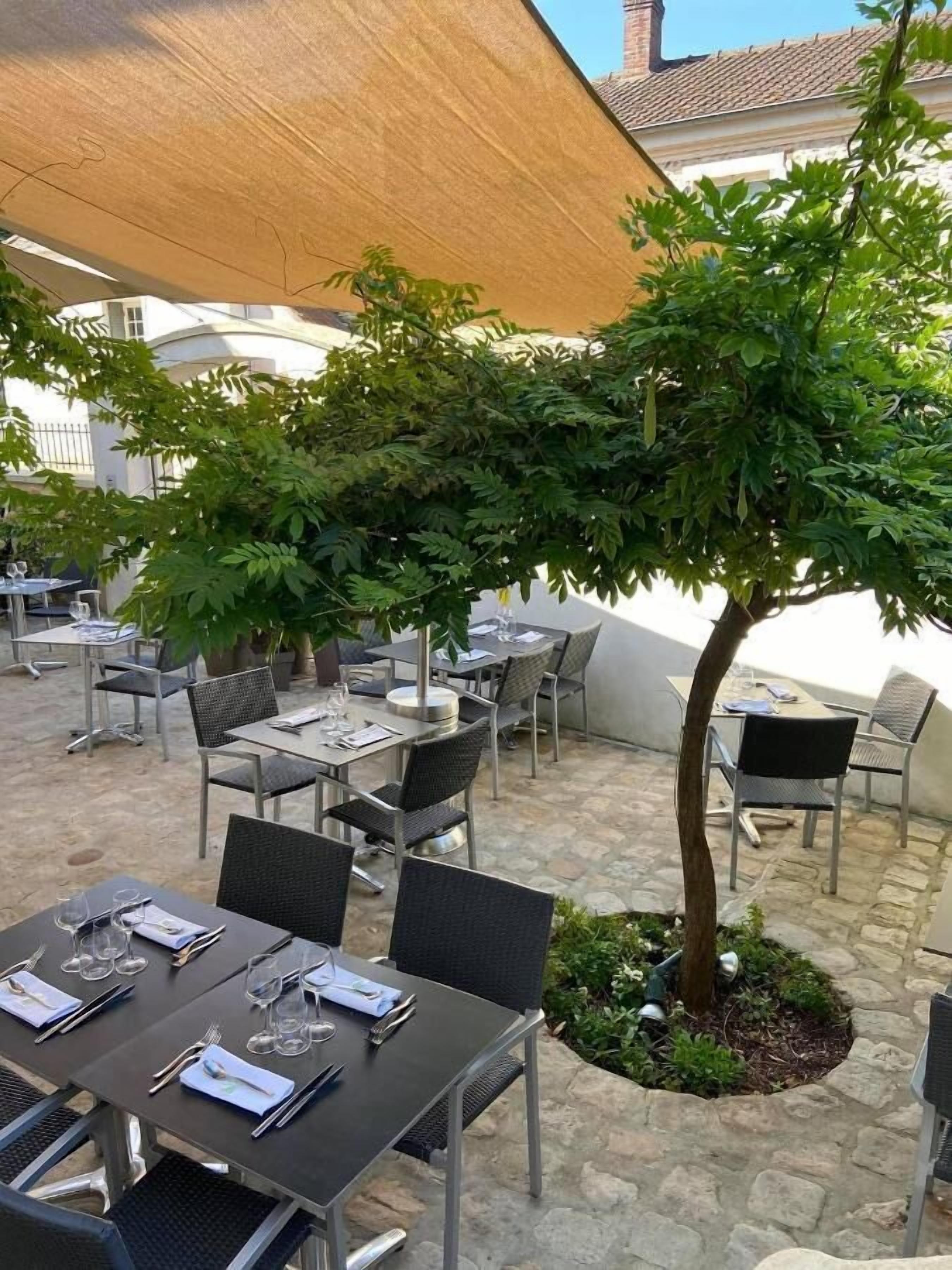 Un patio al aire libre con mesas y sillas, un árbol y suelo de piedra.