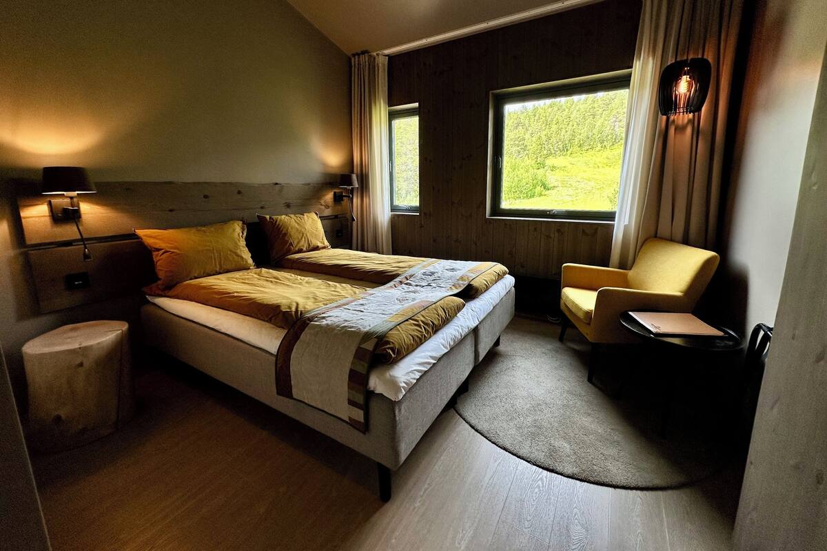 A hotel room with a large bed, a chair, a desk, and a window with a view of greenery.