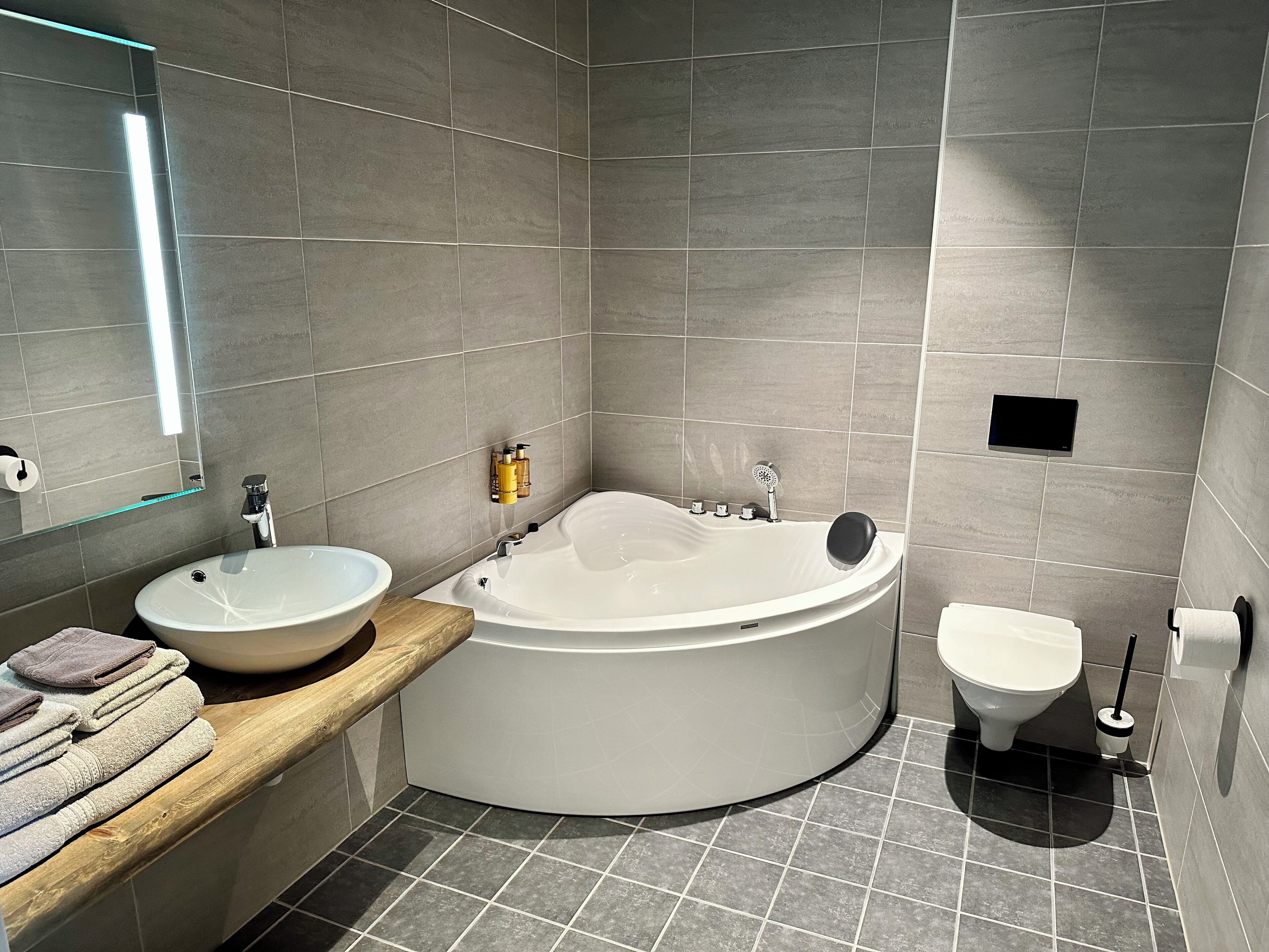 Een moderne badkamer met een vrijstaand bad, een wastafel en een toilet.
