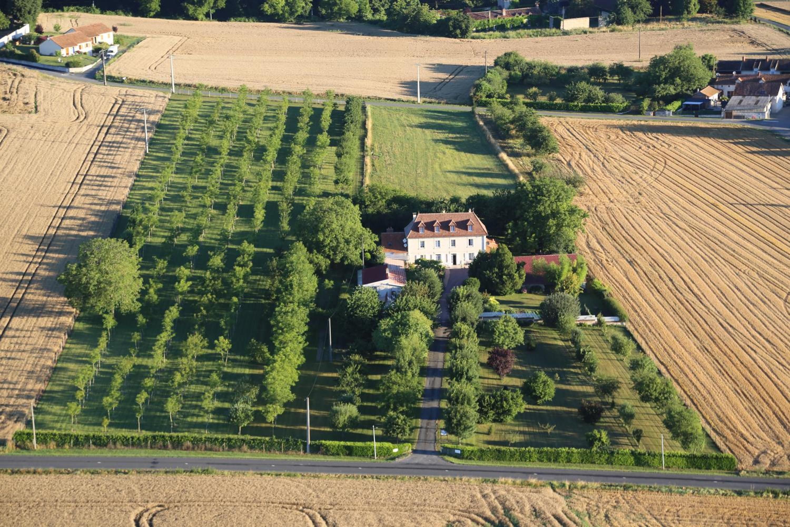 Ein Luftbild eines Anwesens mit einem großen Haus, umgeben von terrassierten Feldern und einer Straße im Vordergrund.