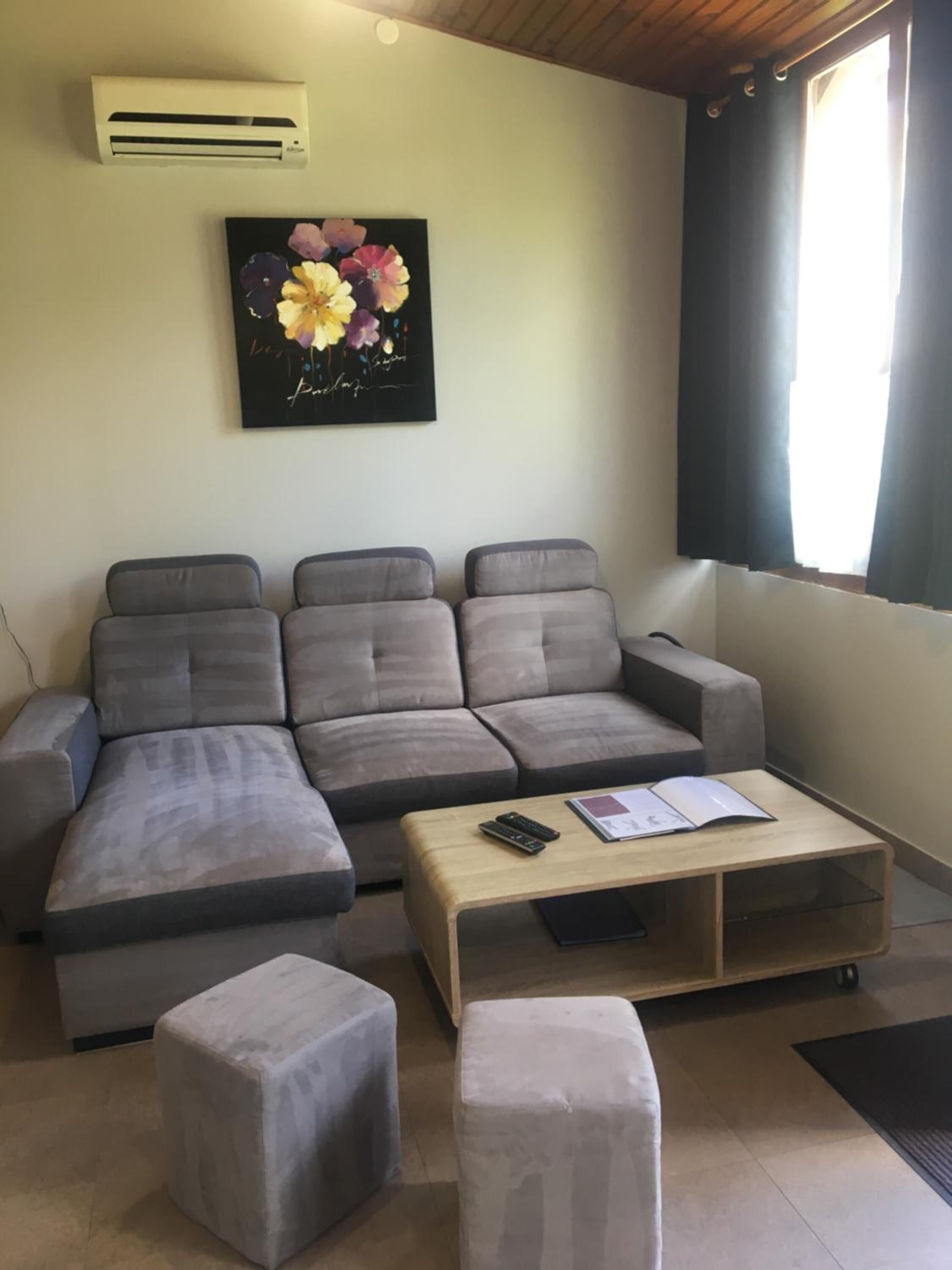 A modern living room with a grey sectional sofa, a wooden coffee table, and two grey ottomans.