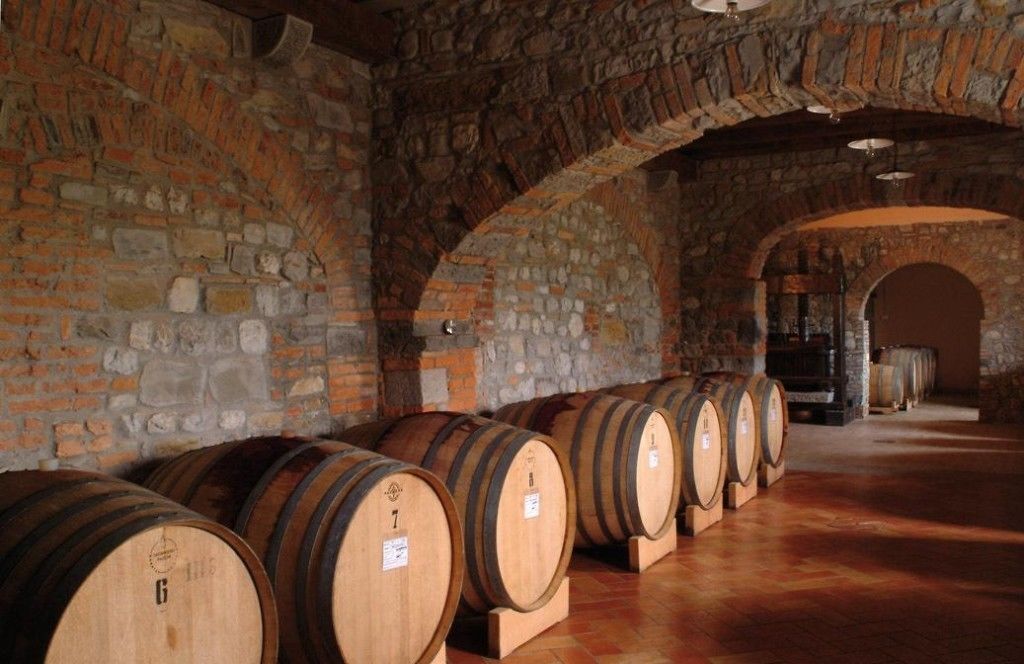 A cellar with wooden wine barrels arranged in rows, stone walls, and an arched ceiling.