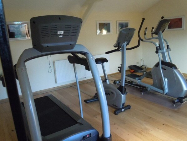 Une salle de sport à domicile équipée de tapis de course et d’appareils elliptiques.