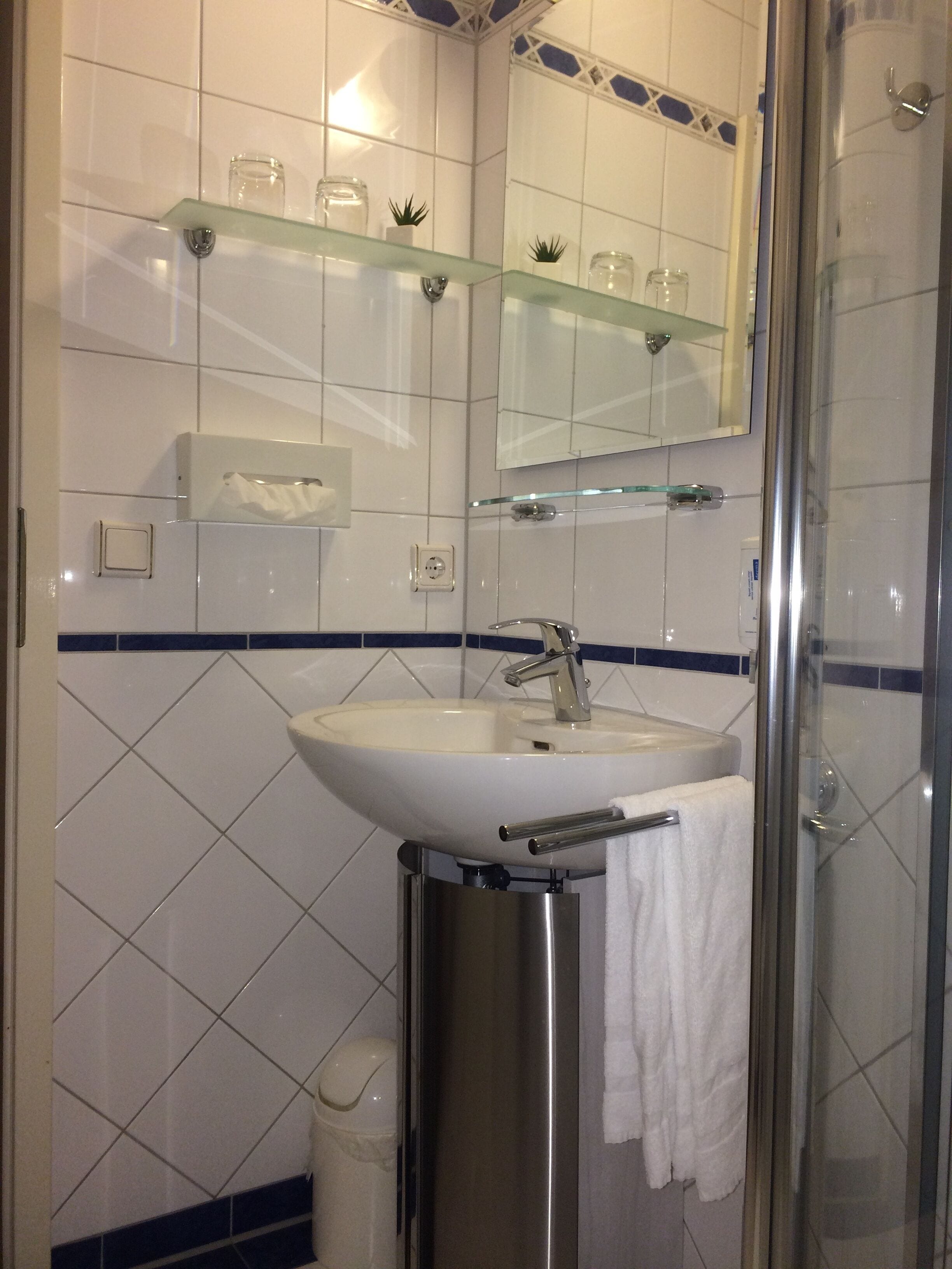 Een badkamer met een witte wastafel, een douchecabine van glas en een spiegel boven de wastafel.