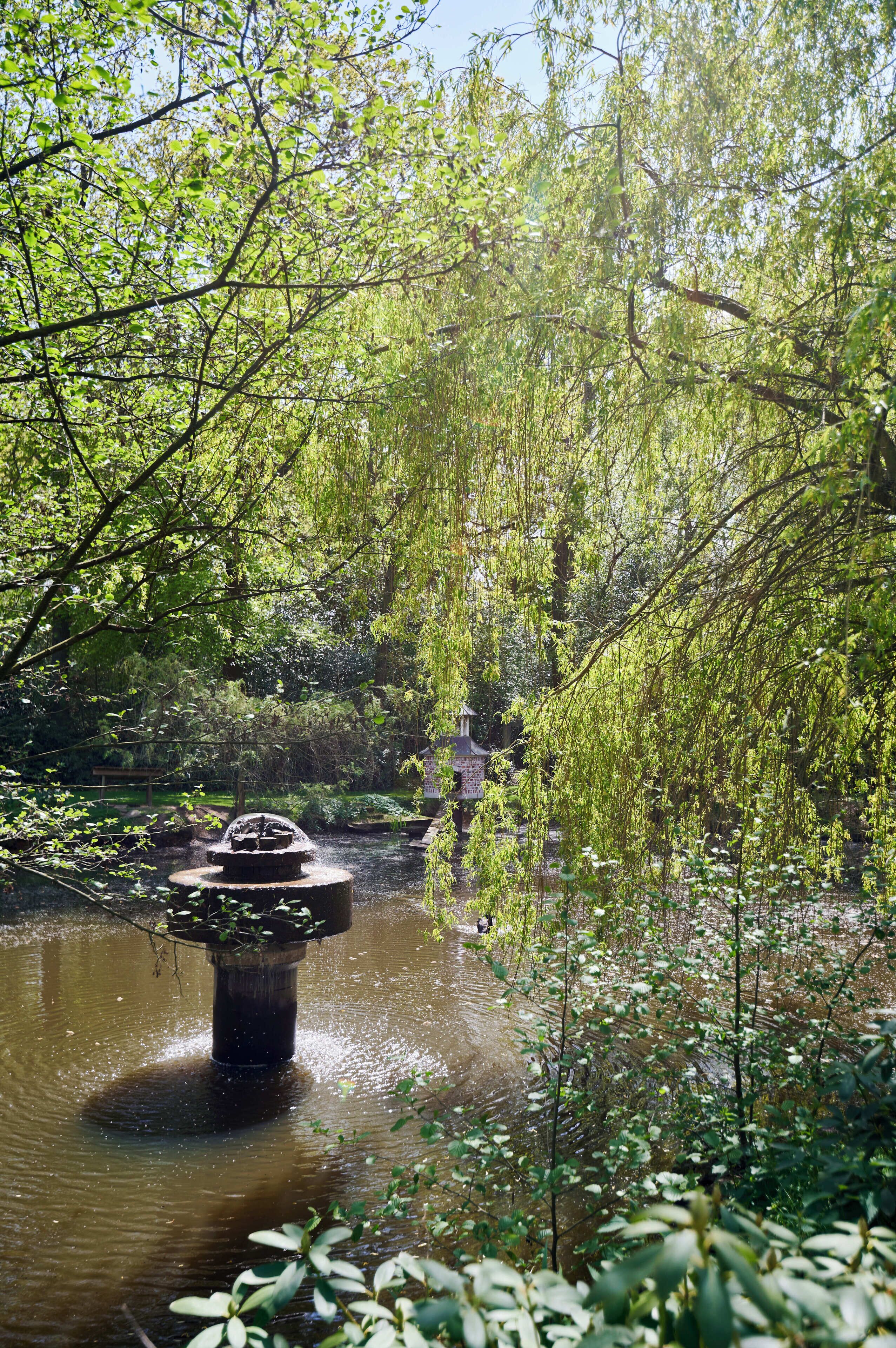 A tranquil garden with a central fountain surrounded by lush greenery and a small bridge.