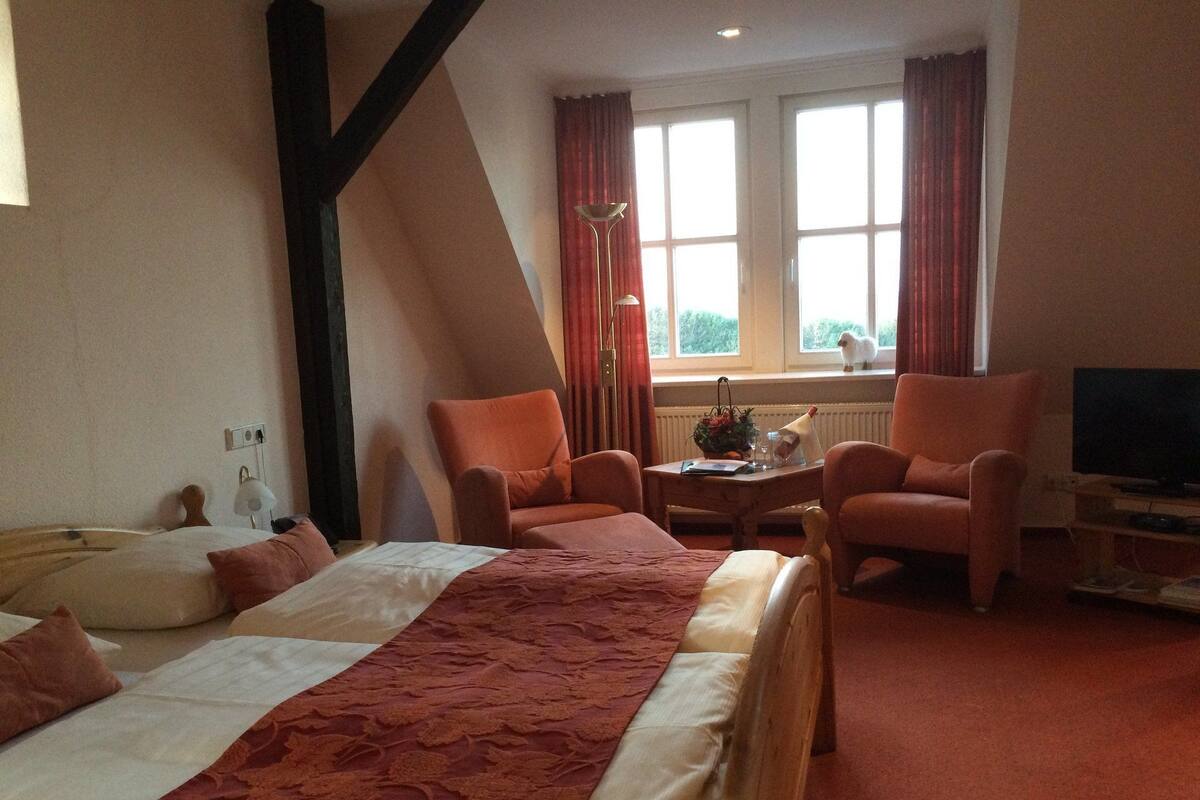 Habitación de hotel con cama, dos sillones, una mesita, televisión y ventana con cortinas.