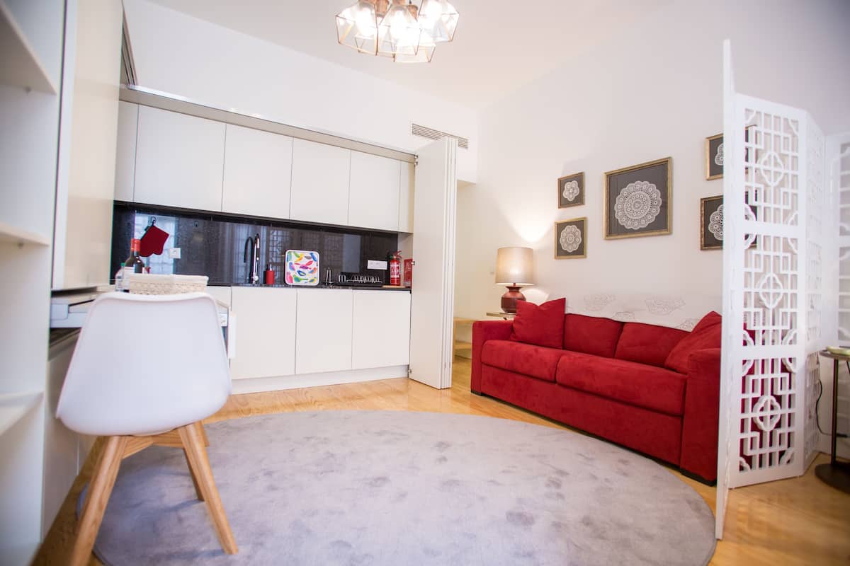 Un espace de vie compact comprenant un coin cuisine, un canapé rouge, une chaise blanche et un élément de séparation décoratif blanc.