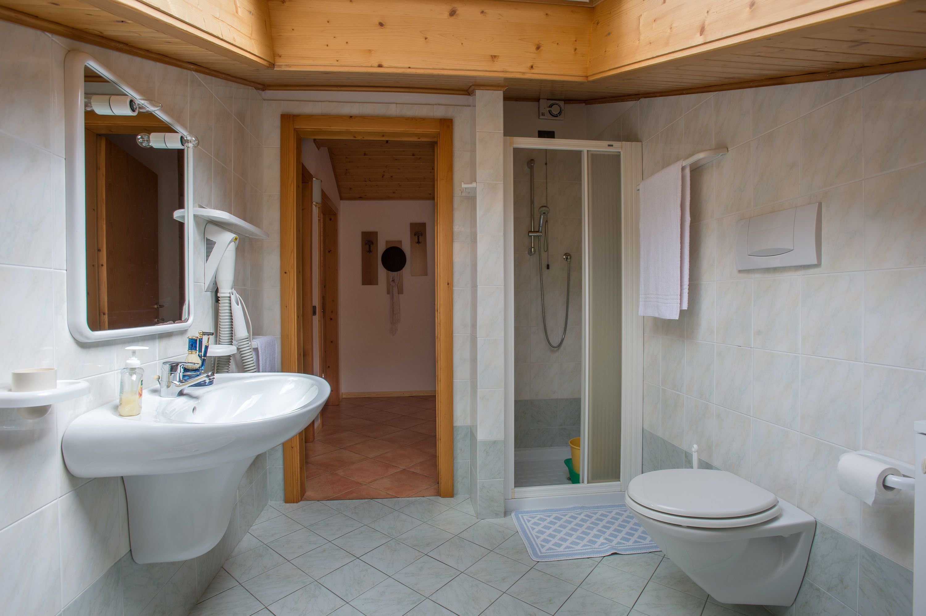 Un baño con lavamanos, inodoro y ducha.
