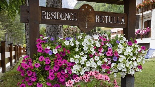 Ein Holzschild mit der Aufschrift 'RESIDENCE BETULLA', umgeben von verschiedenen Blumen.