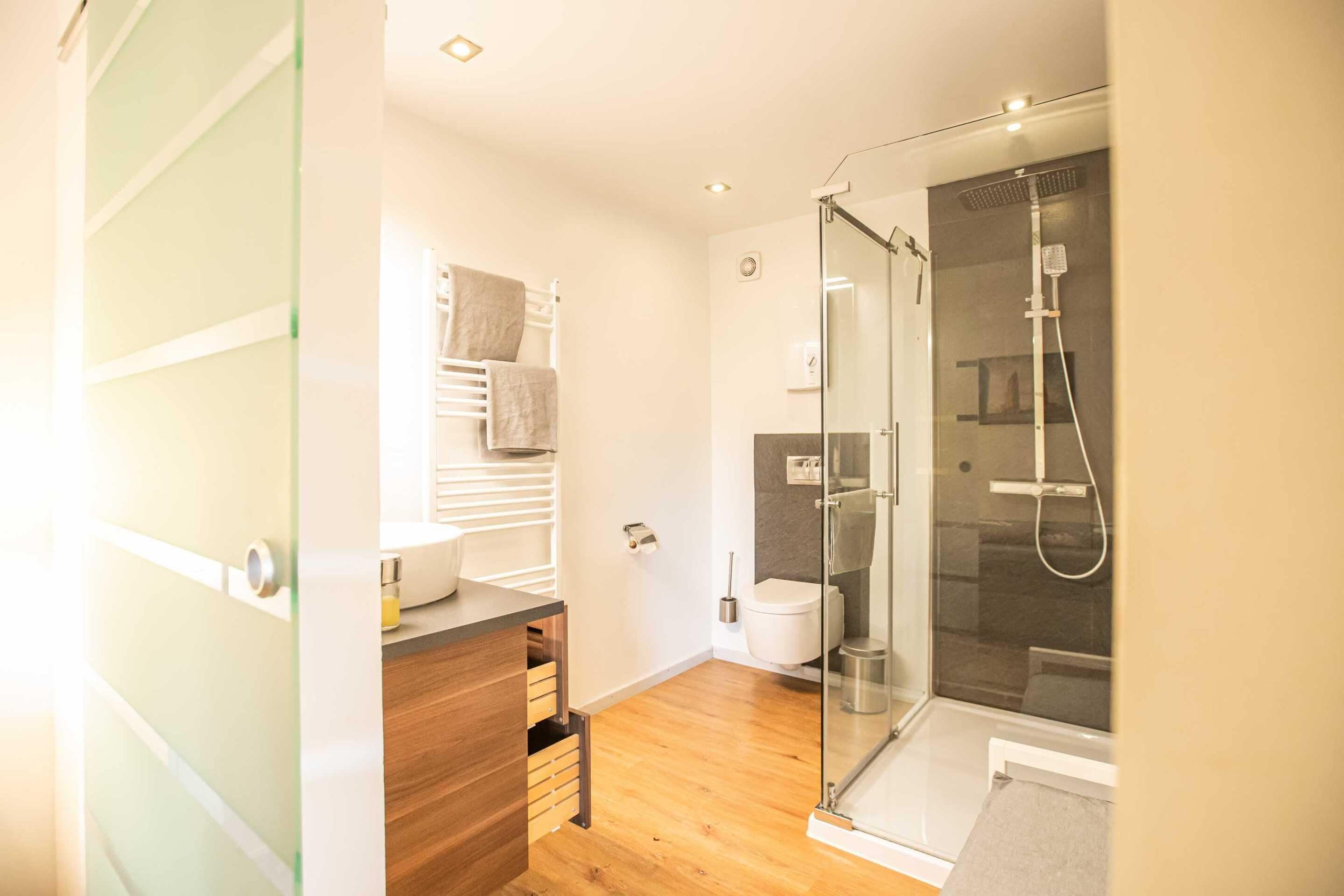 A modern bathroom with a glass shower enclosure, a toilet, and a sink with a wooden vanity.