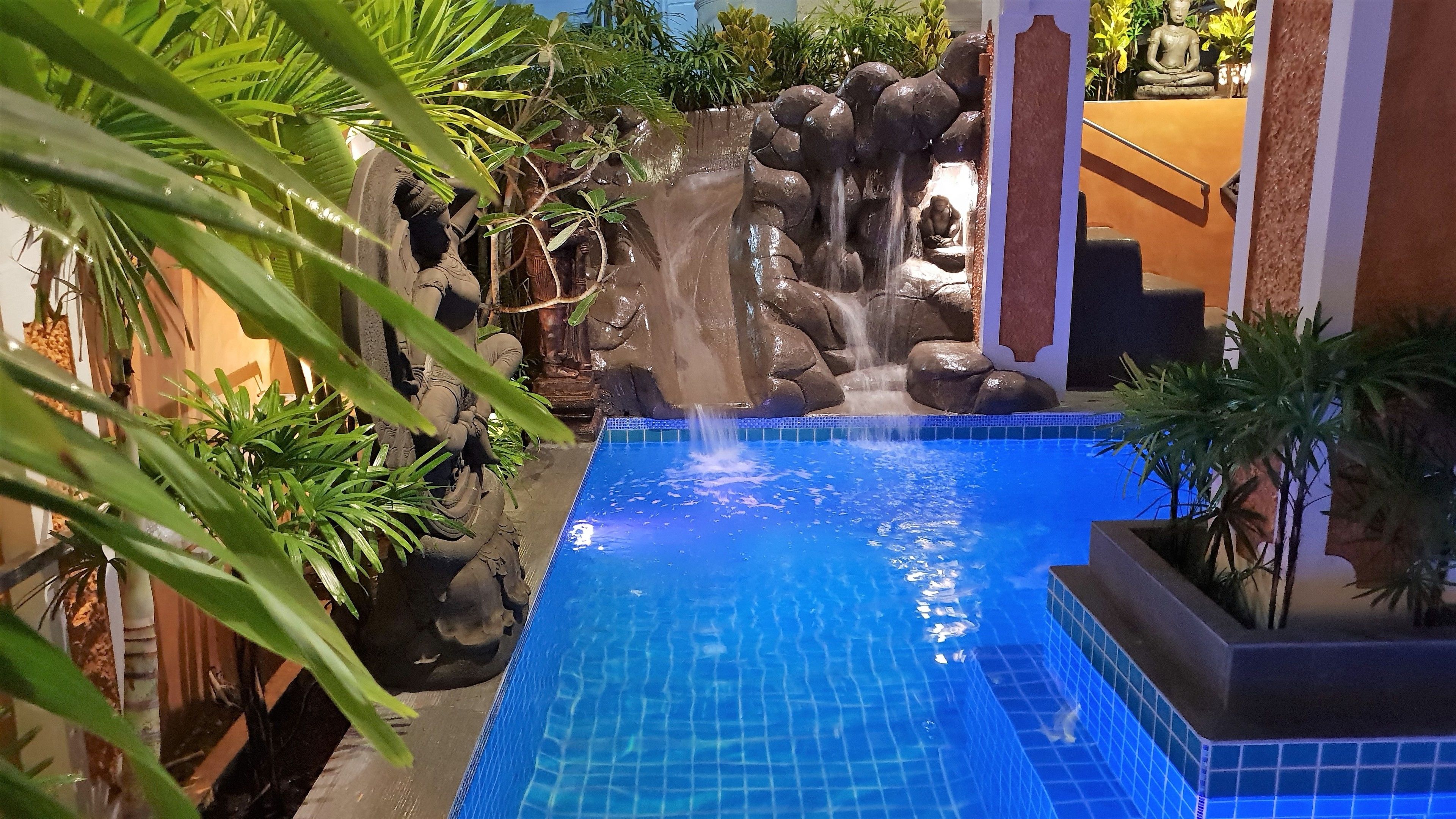 Ein Pool mit Wasserfall, umgeben von tropischen Pflanzen.
