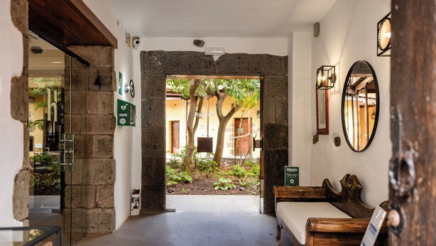 A reception area with a stone wall, a wooden bench, a glass door, and a view of an outdoor garden. - Hotel Rural Casa de los Camellos (Aguimes)