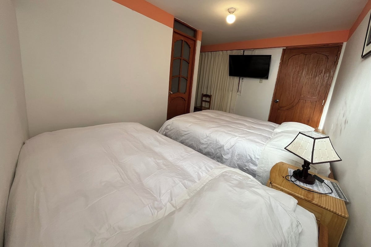 Ein Hotelzimmer mit zwei Einzelbetten, einem Nachttisch aus Holz mit Lampe, einem an der Wand befestigten Fernseher und einer Tür mit Fenster.
