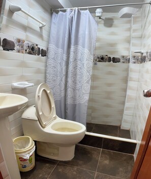 A bathroom with a toilet, sink, and shower area. - Hostal Apu Qhawarina (Ollantaytambo)