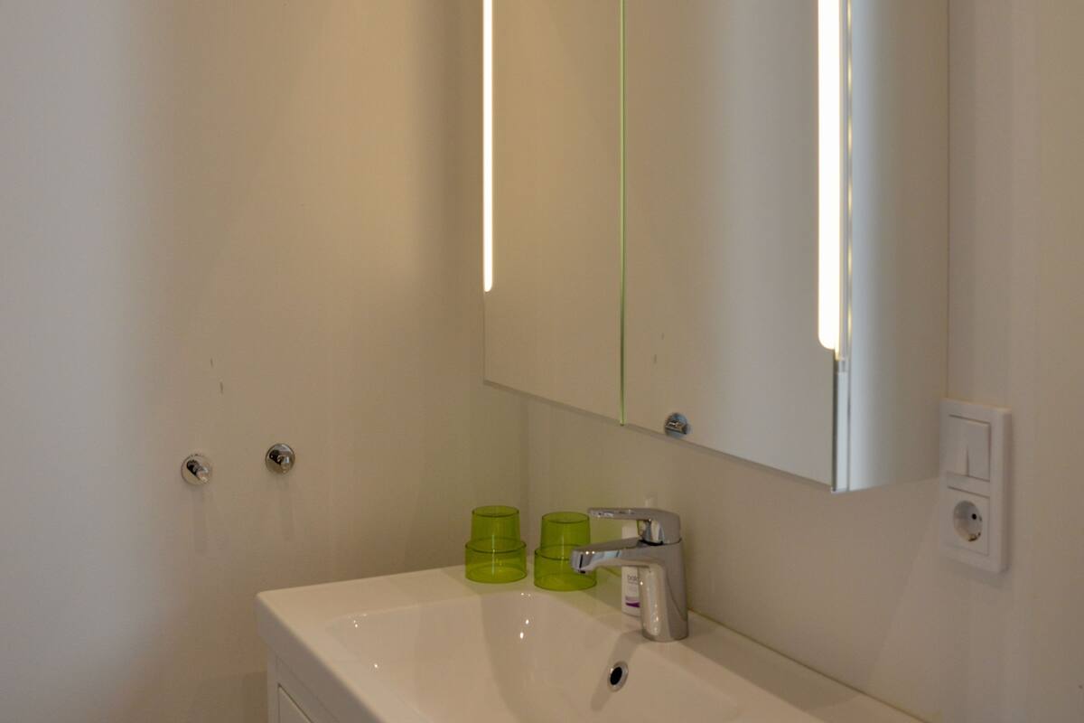 shower, rainfall showerhead, hair dryer, soap