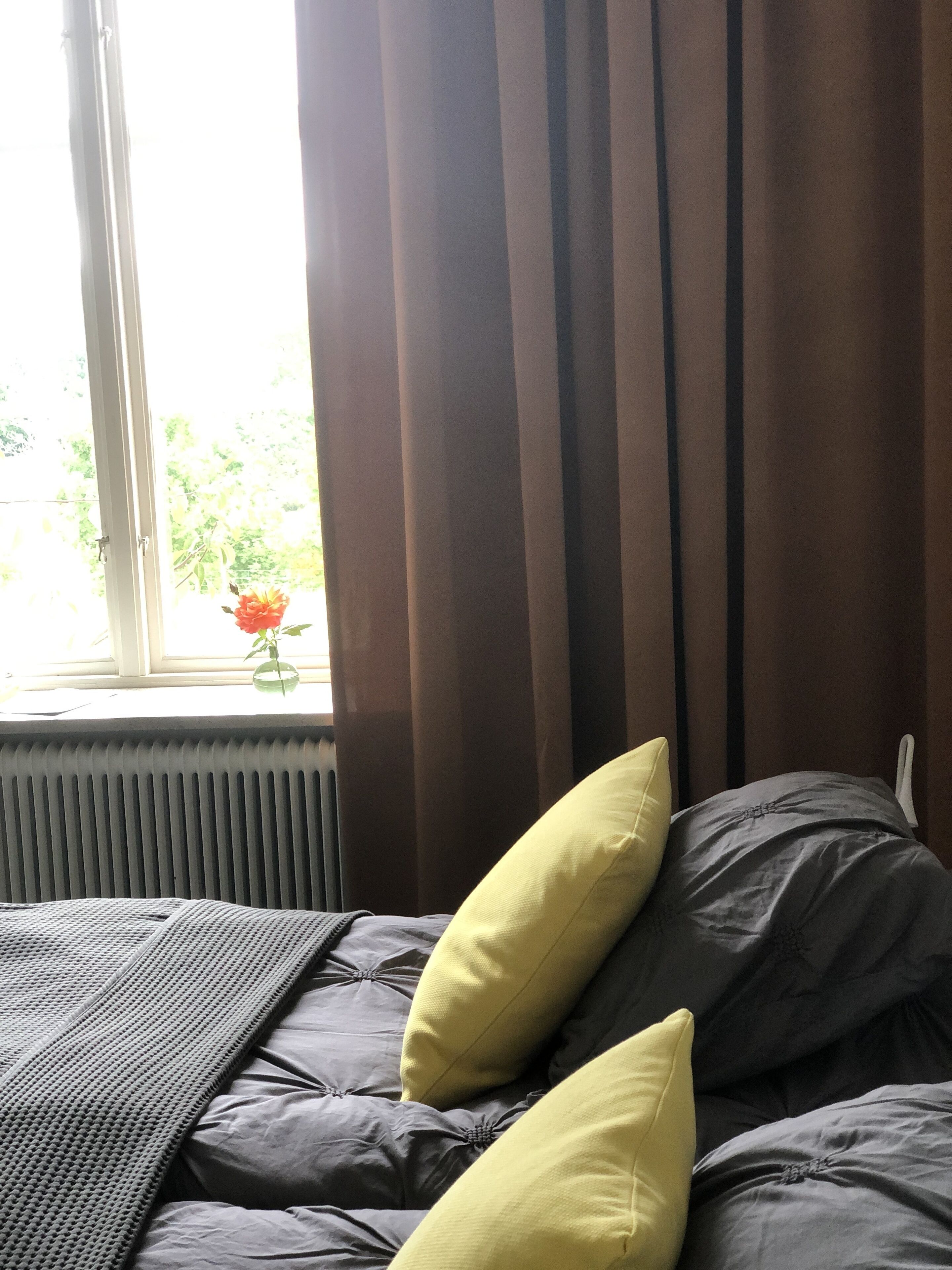 A bedroom with a bed, dark bedding, a window with curtains, and a radiator.