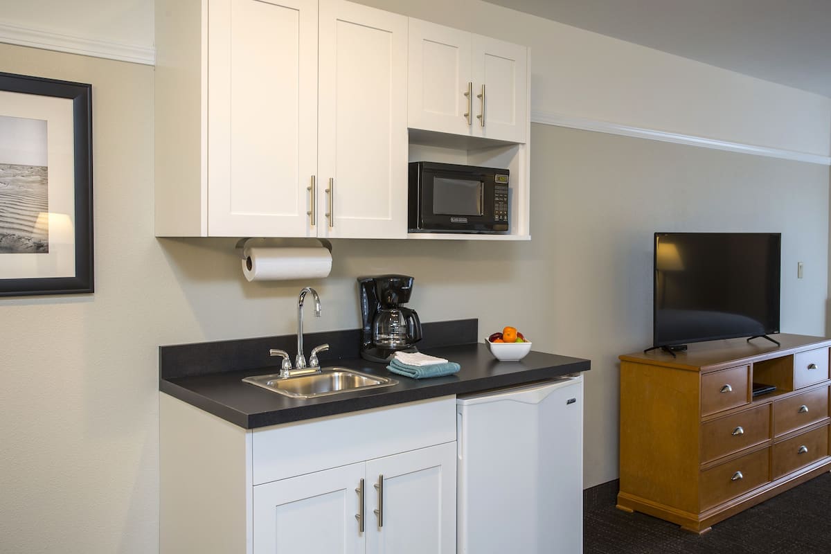 king suite with whirlpool, pet free | private kitchenette | fridge, microwave, dishwasher, coffee/tea maker