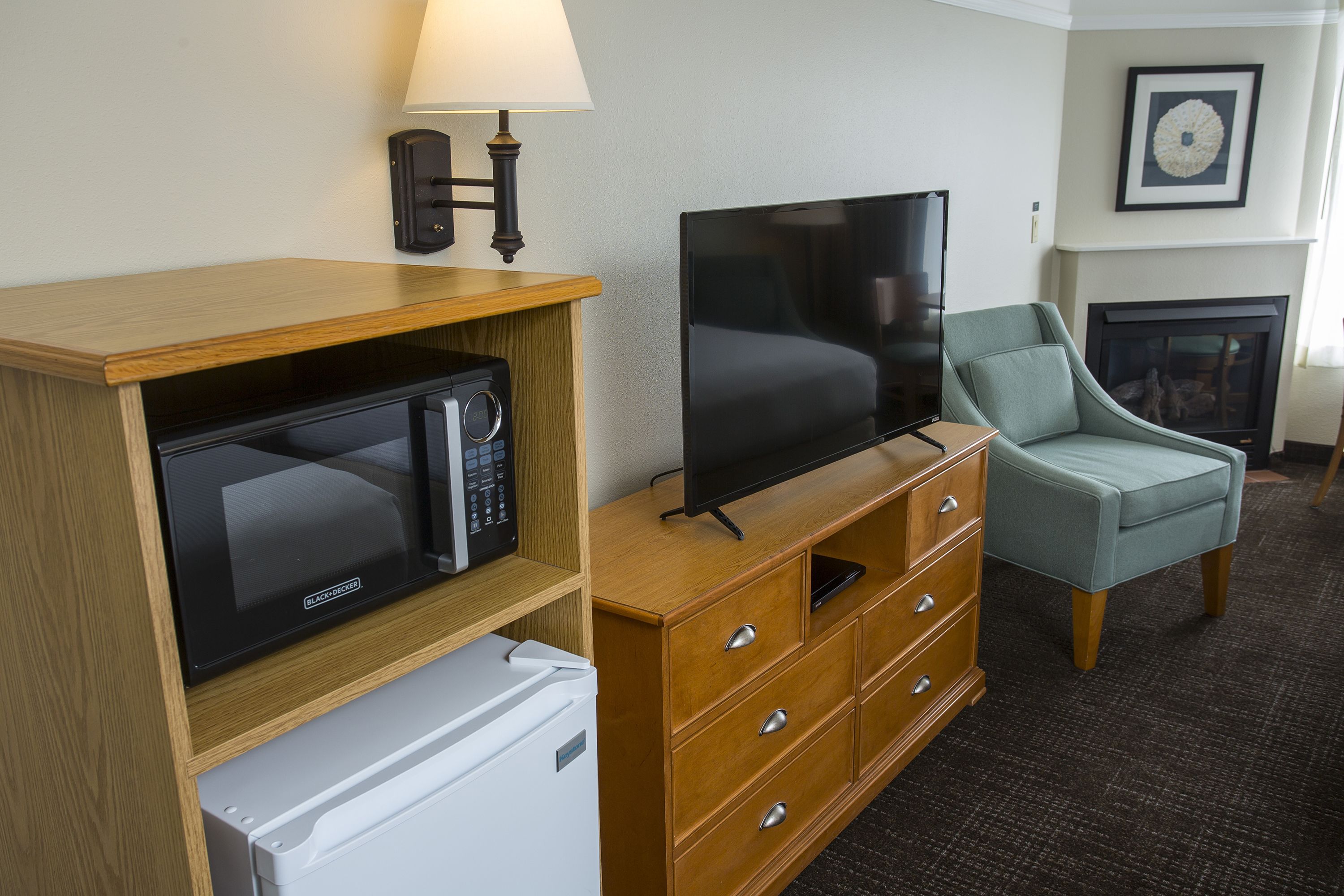 two queen studio, some with fireplace | private kitchenette | fridge, microwave, dishwasher, coffee/tea maker