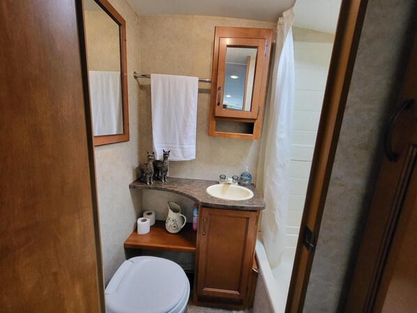 Une petite salle de bain comprenant des toilettes, un lavabo et un miroir. Deux serviettes sont accrochées au mur, il y a une petite étagère avec des articles de toilette et un meuble en bois.