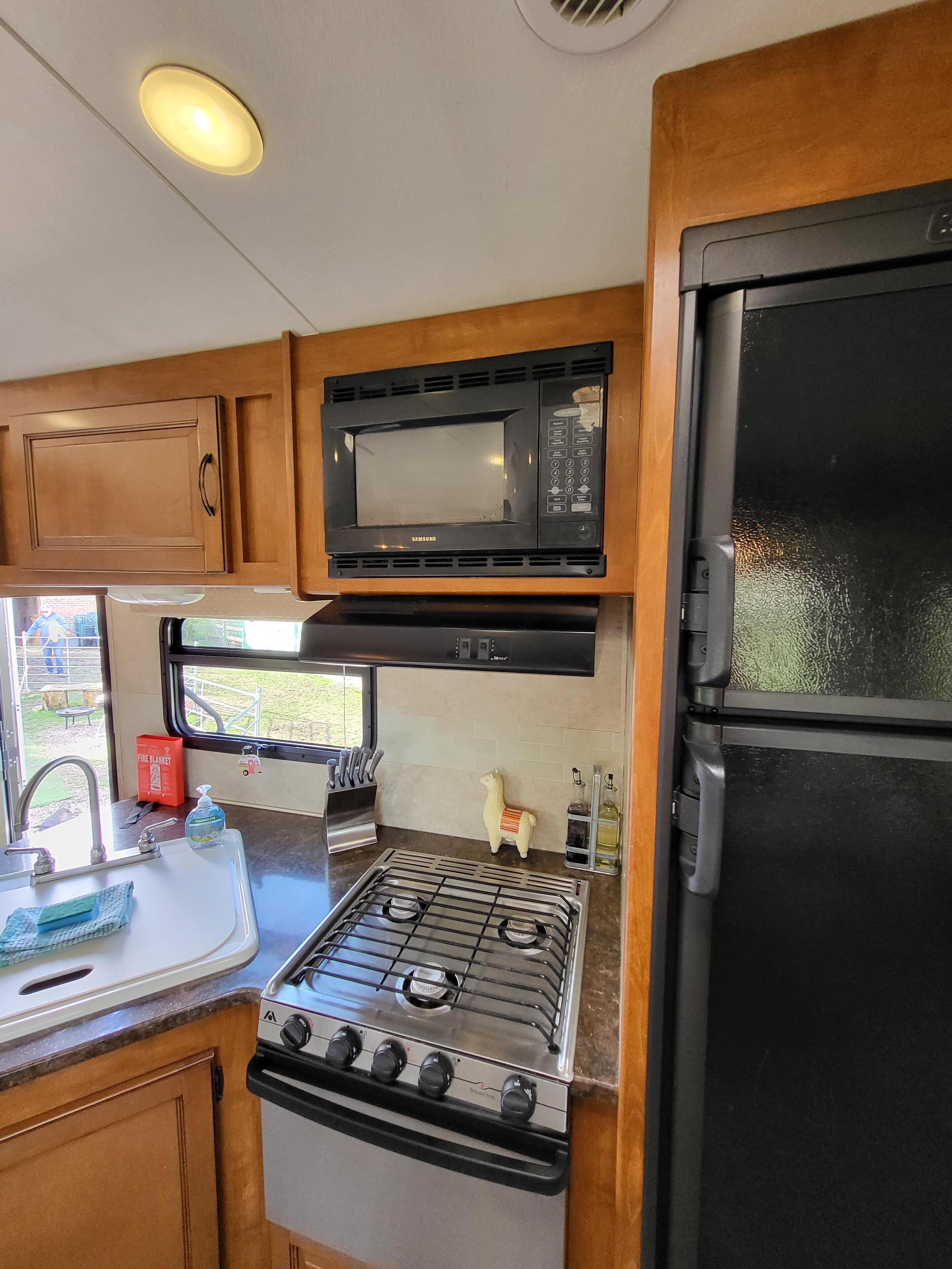 A compact kitchen with a stove, microwave, and refrigerator.