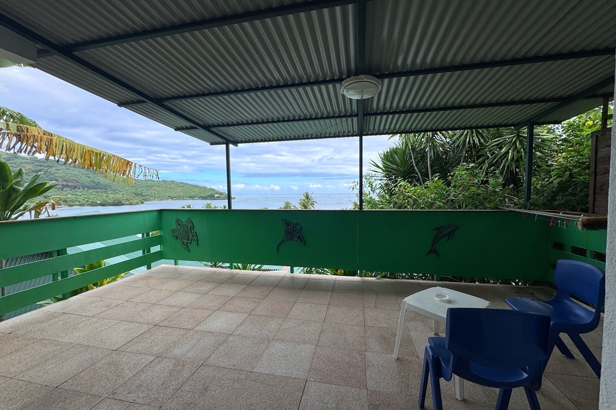 A covered outdoor area with a view of the sea, a green railing with sea turtle and shark designs, and a table with chairs.
