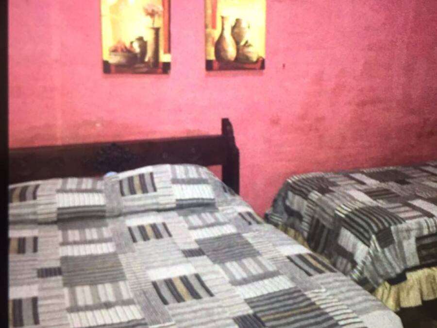 Una habitación con dos camas, cada una con una colcha estampada. Hay dos cuadros en la pared.