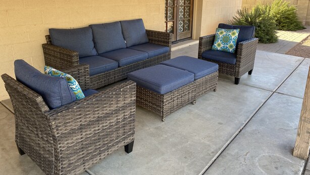 A patio with wicker furniture, including a sofa and two chairs, and a small table. - Downtown PHX -Private Home/Fam. Friendly/4 Blocks/Convention Center/Chase Field (Phoenix)