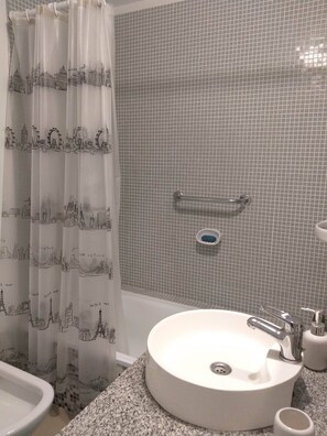 Combined shower/tub, hair dryer, bidet, towels