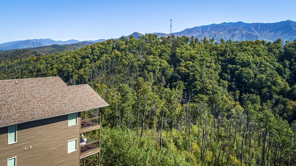 Een houten gebouw met een balkon, met uitzicht op een dicht bos en bergen.